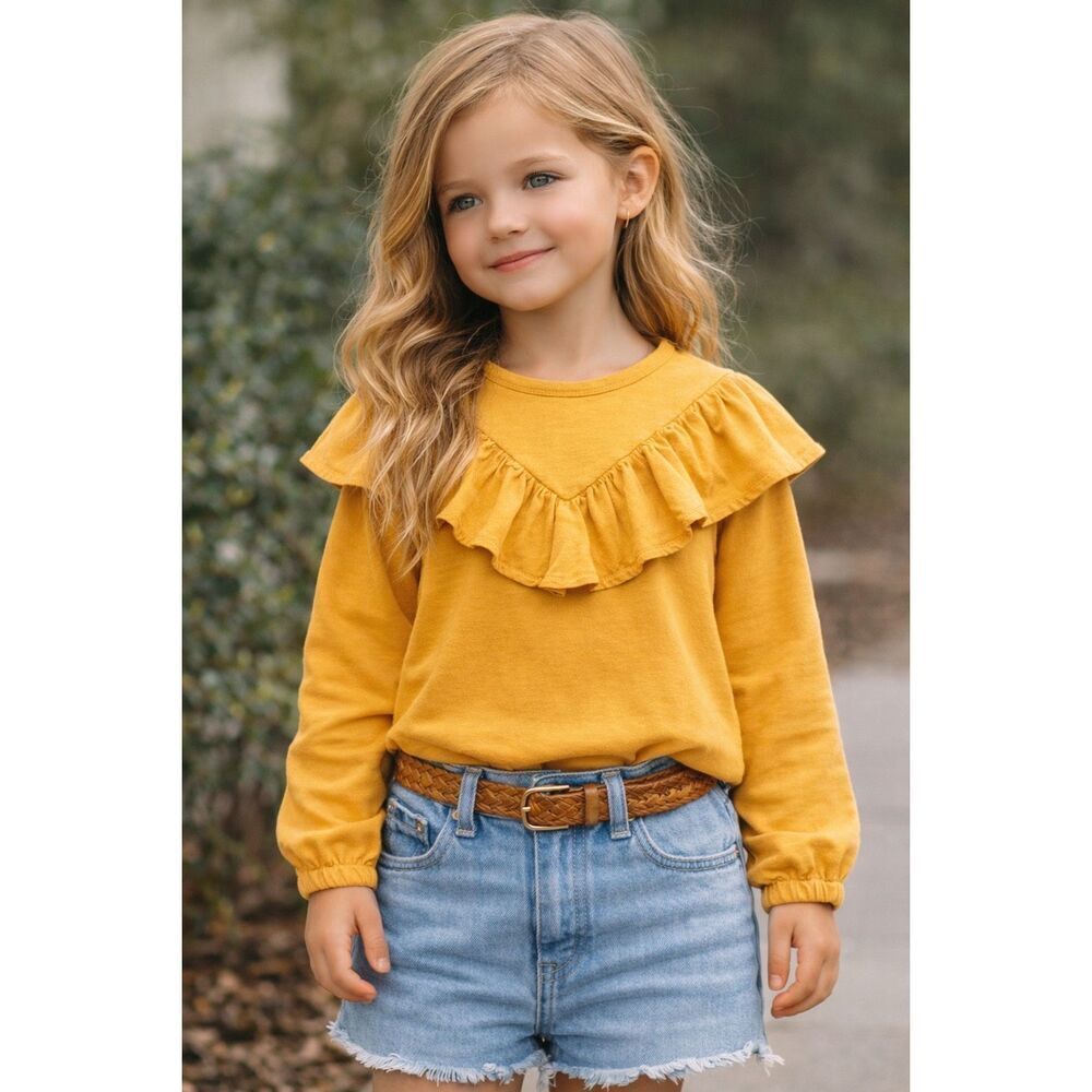 H&M Girls Yellow Boho Ruffle Flounce Cotton Long Sleeve Top Size 5T 6